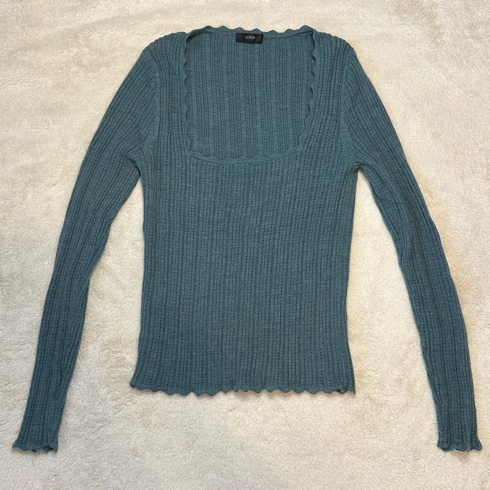 J.Crew 100% Merino Wool Scalloped Square Neck Sweater | Teal Blue | Women’s XS/S